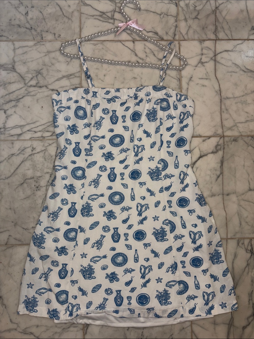 Jessica Simpson White Dress with Blue Toile Print Mini